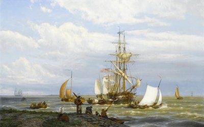 Een Drukke Riviermonding door Johannes Hermann Barend Koekkoek